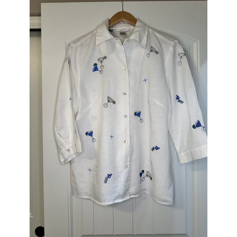 Richard Malcolm Top Womens L White Beachy Embroidered Irish Linen Button Up‎